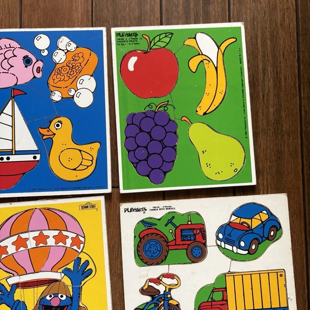 Lot of 8 Vintage Playskool Wooden Peg Puzzles Complete Grover Robotman USA